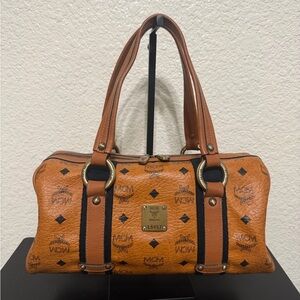 MCM Cognac Visetos Barrel Bag with Black Trim